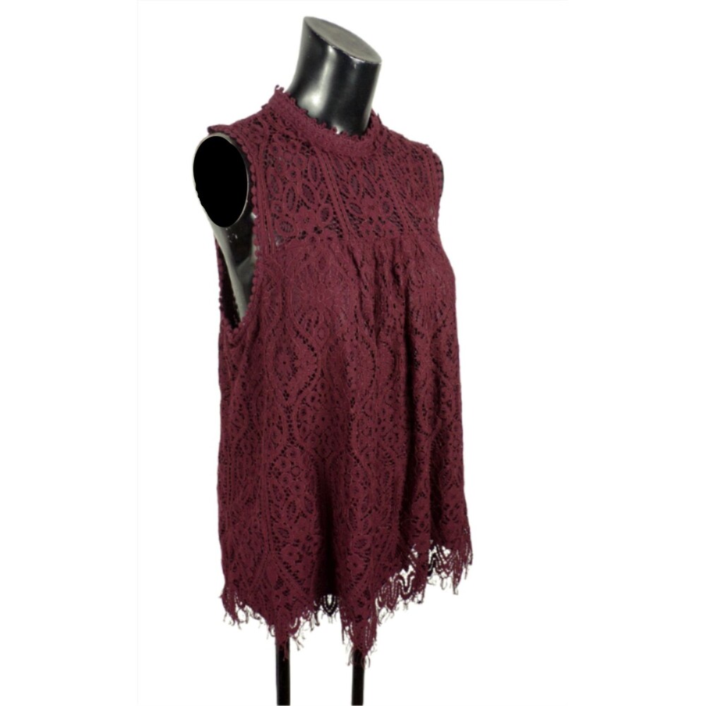 L Altar'd State Whimsigoth Maroon Lace Fringe Top Mock Neck Romantic